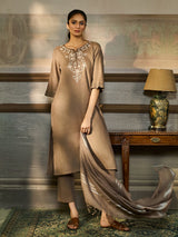 Taupe beige cotton linen women kurti set with dupatta