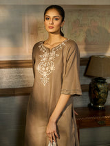 Taupe beige cotton linen women kurti set with dupatta