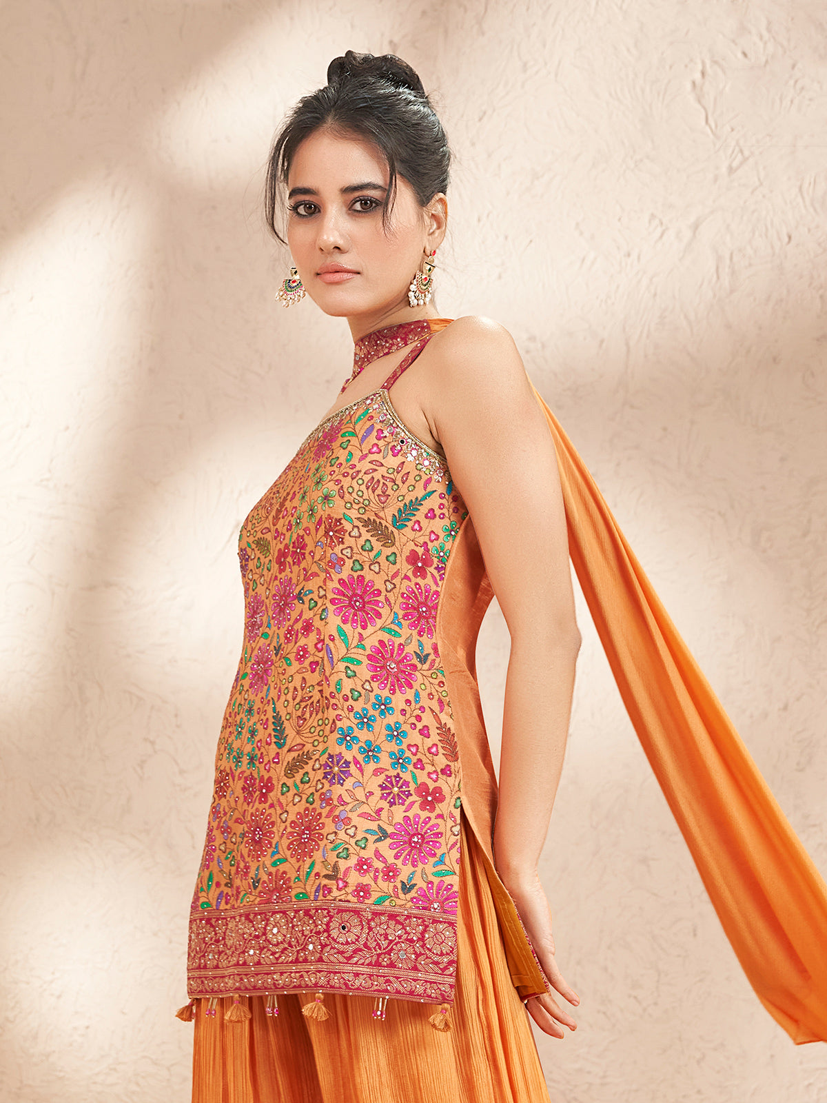 Orange chiffon georgette palazzo suit with floral printed dupatta