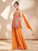 Orange chiffon georgette palazzo suit with floral printed dupatta