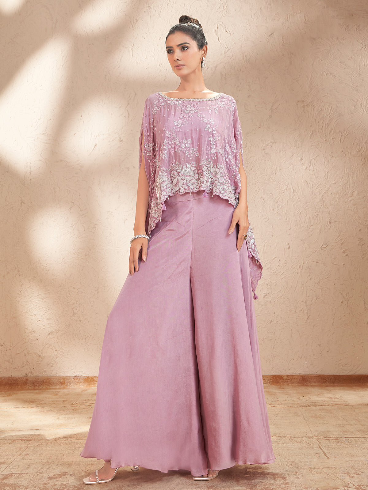 Lavender purple chiffon georgette palazzo suit with designer detailing