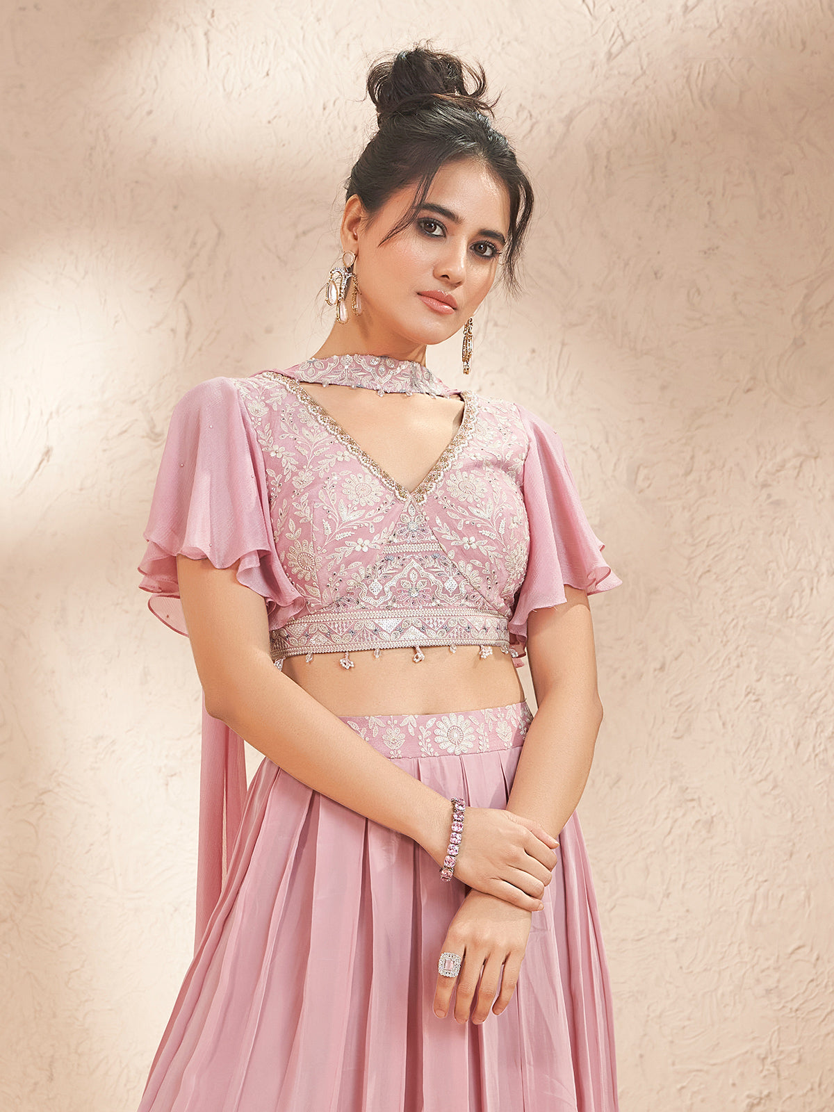 Lilac purple chiffon georgette palazzo suit with ruffle sleeves