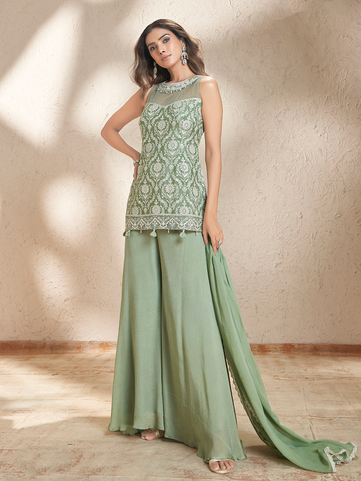 Pista green chiffon georgette palazzo suit with tassel detailing