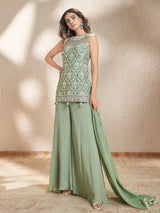 Pista green chiffon georgette palazzo suit with tassel detailing