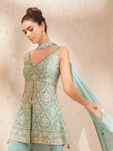 Mint blue chiffon georgette sharara suit with designer embellishments