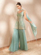 Mint blue chiffon georgette sharara suit with designer embellishments