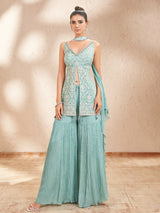 Mint blue chiffon georgette sharara suit with designer embellishments