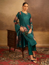 Teal blue silk blend women kurti set with watercolor florals