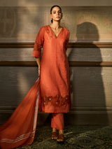 Orange cotton blend women kurti set with floral lace