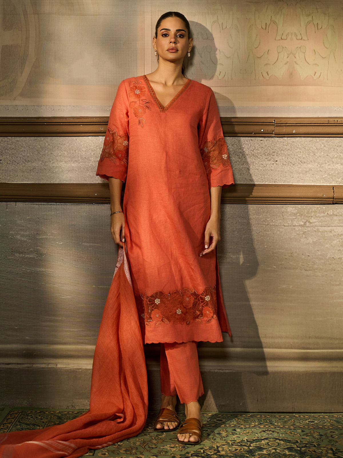 Orange cotton blend women kurti set with floral lace