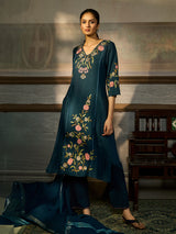 Teal blue cotton blend women kurti set with floral tree