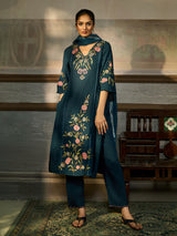 Teal blue cotton blend women kurti set with floral tree