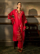 Pink cotton blend women kurti set with parsi embroidery