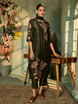 Bottle green silk blend women kurti set with botanical print