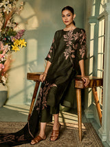Bottle green silk blend women kurti set with botanical print