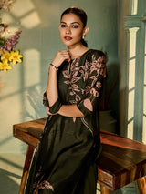 Bottle green silk blend women kurti set with botanical print