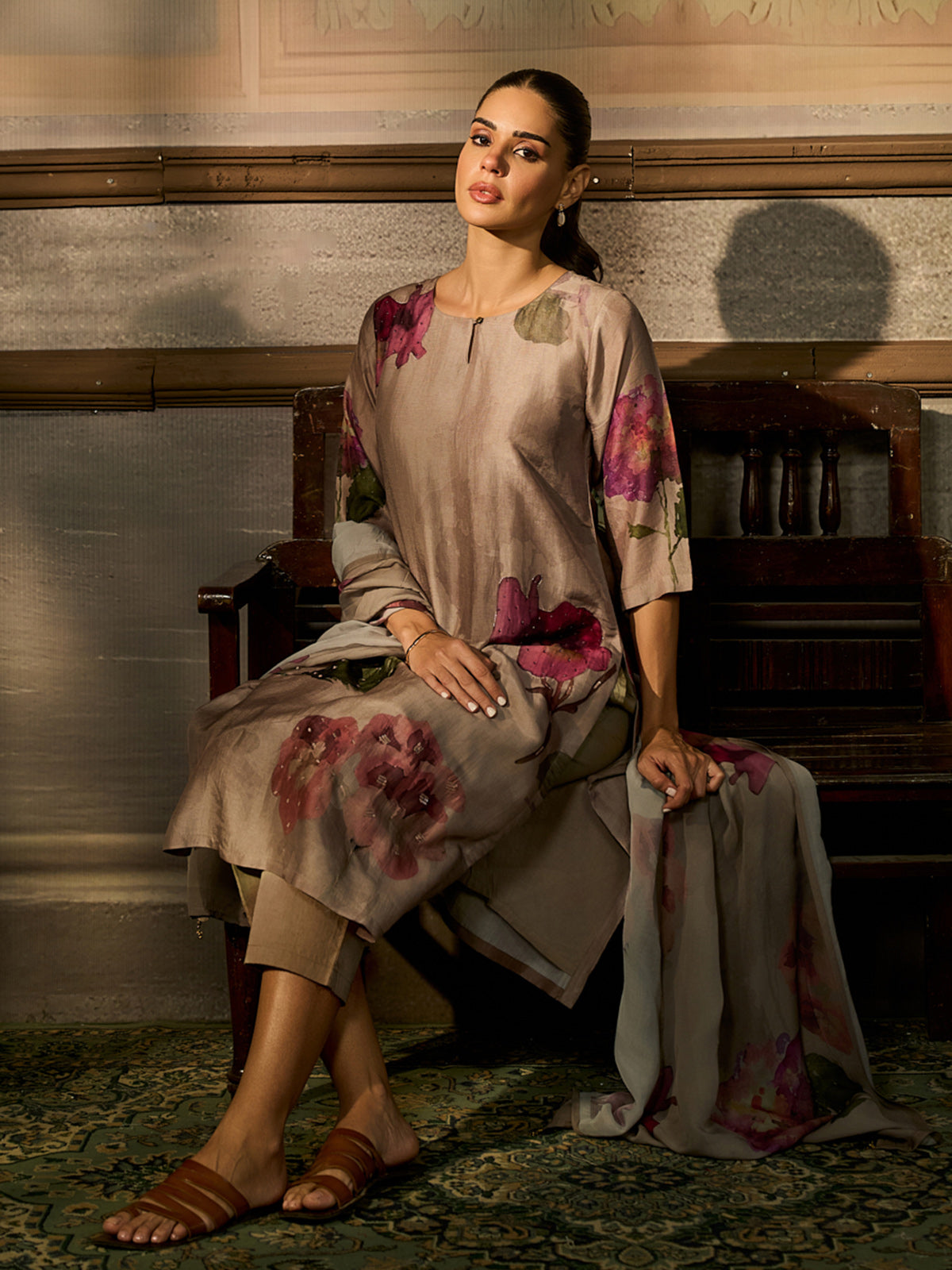 Dark beige cotton silk women kurti set with orchid print