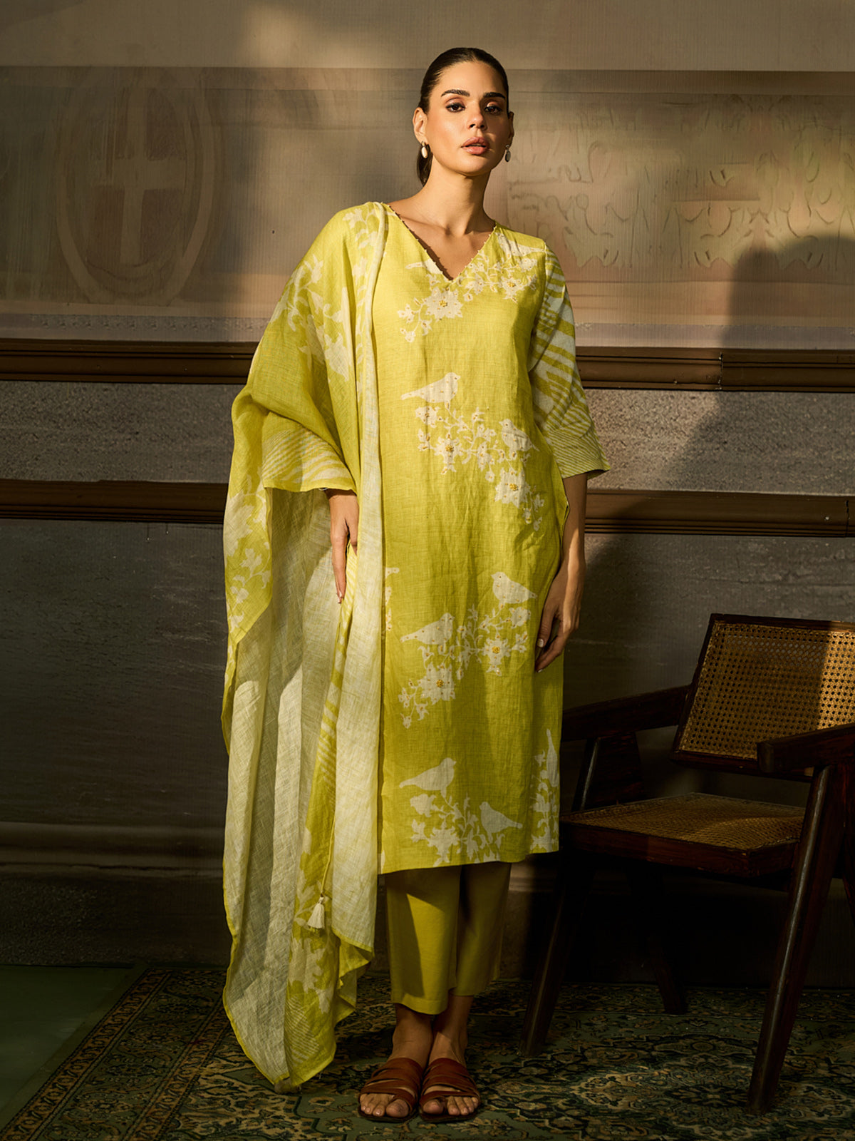Lime green cotton linen women kurti set with bird print