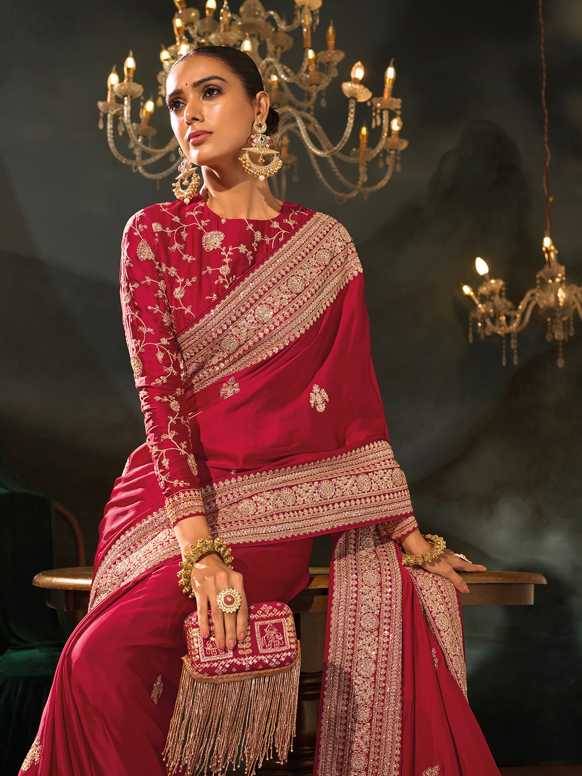 Magenta pink viscose satin women saree with zari