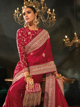 Magenta pink viscose satin women saree with zari