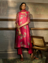Pink cotton blend women kurti set with chinoiserie print