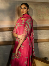 Pink cotton blend women kurti set with chinoiserie print