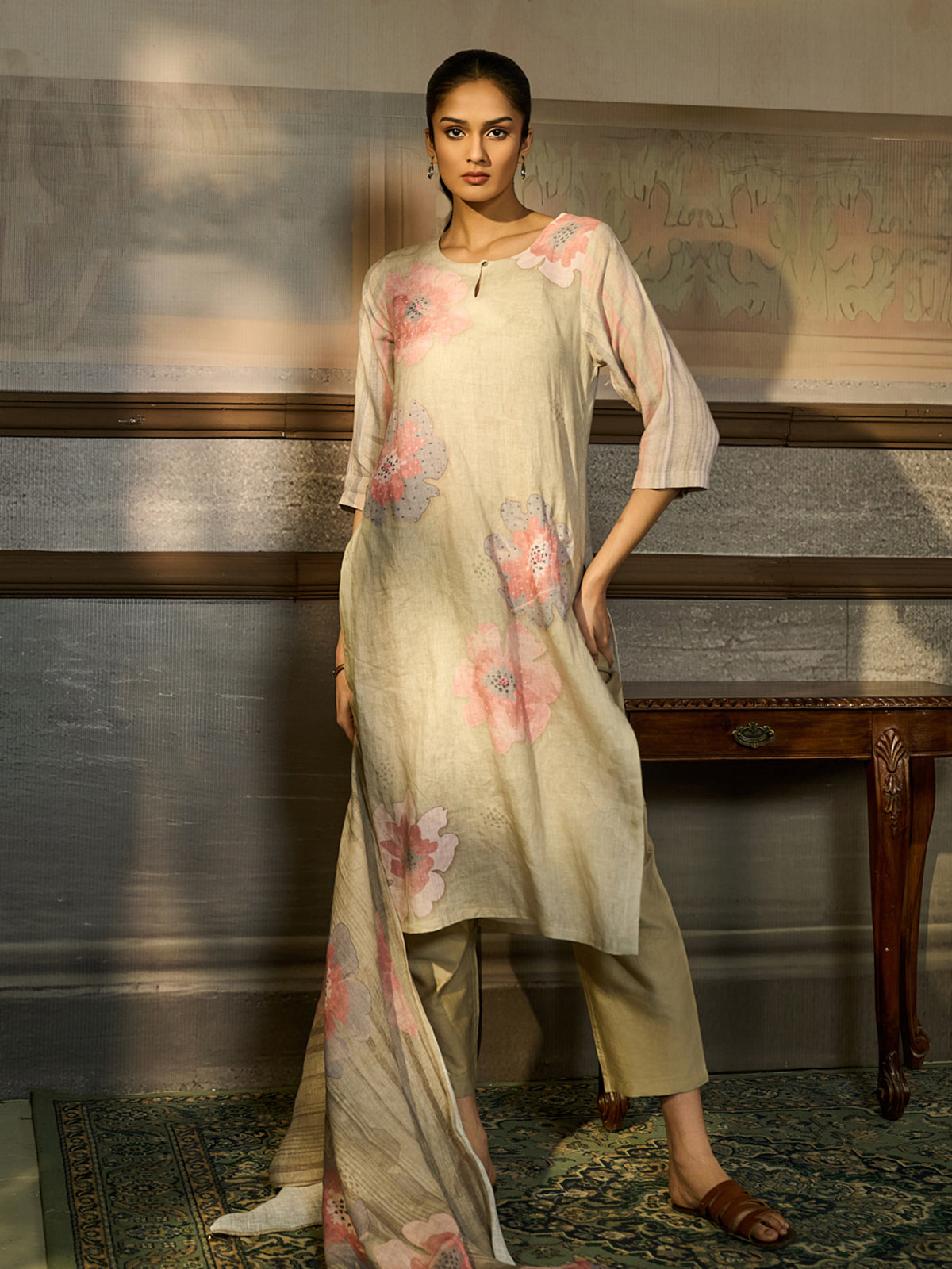 Beige cotton blend women kurti set with watercolor flowers