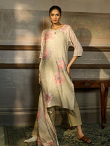 Beige cotton blend women kurti set with watercolor flowers