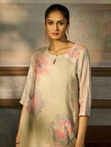 Beige cotton blend women kurti set with watercolor flowers