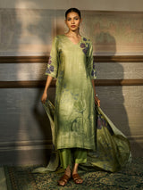Pista green cotton blend women kurti set with watercolor print
