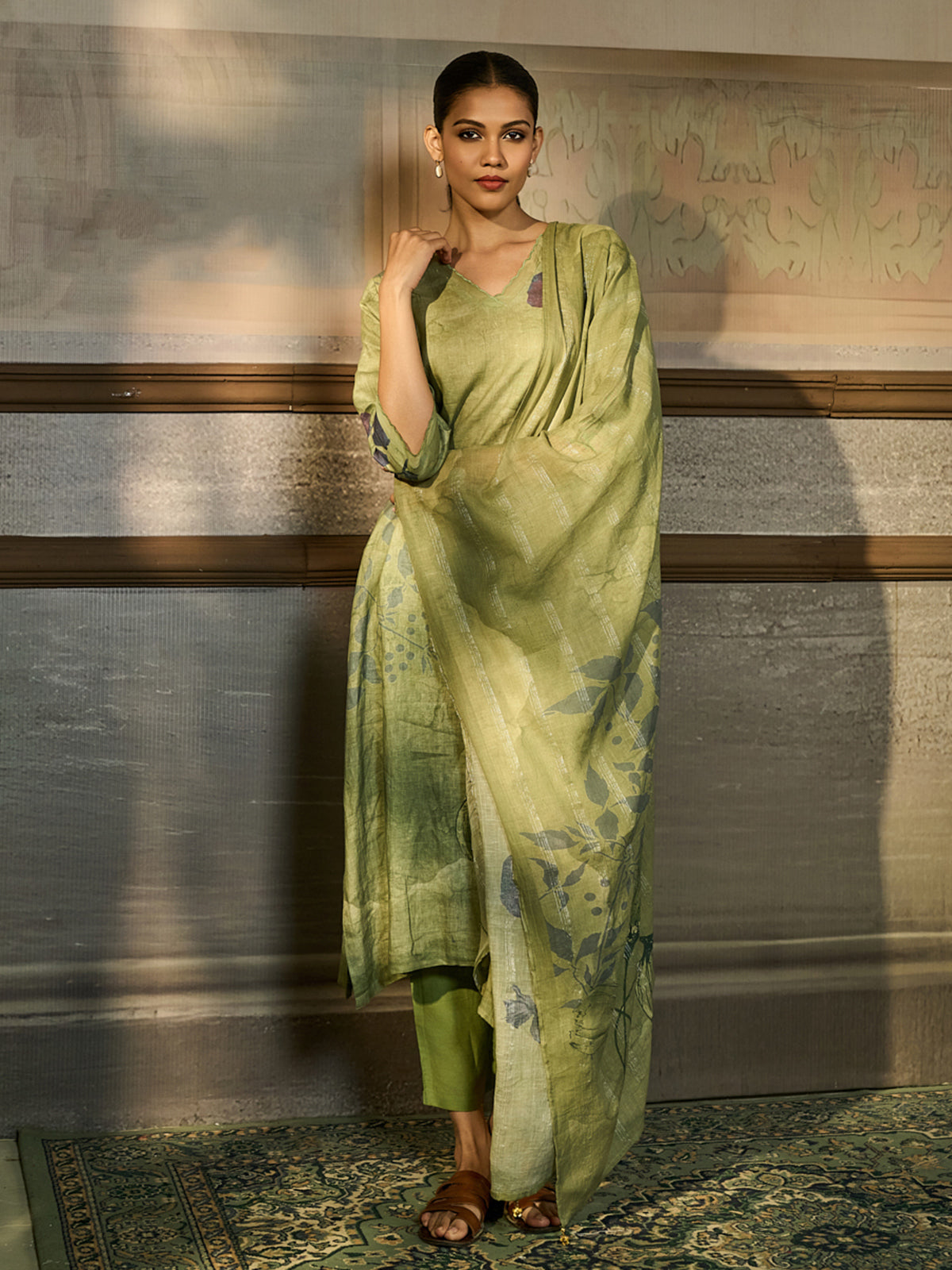 Pista green cotton blend women kurti set with watercolor print