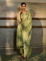 Pista green cotton blend women kurti set with watercolor print