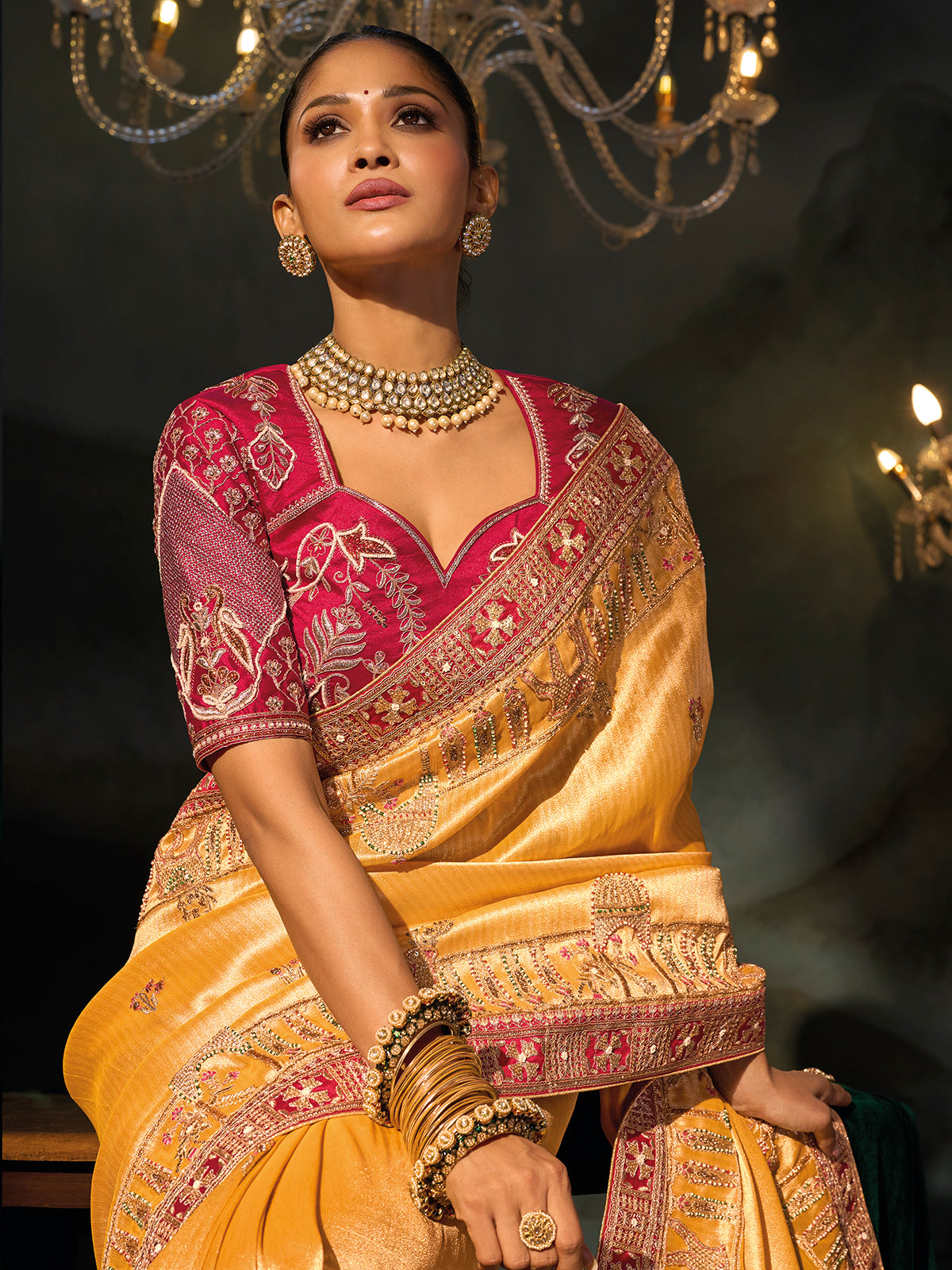 Mustard yellow madhurai silk women saree with pallu