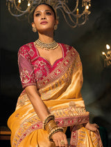 Mustard yellow madhurai silk women saree with pallu