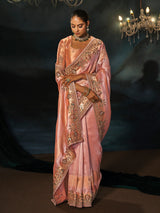 Pink peach madhurai silk women saree with mirror work