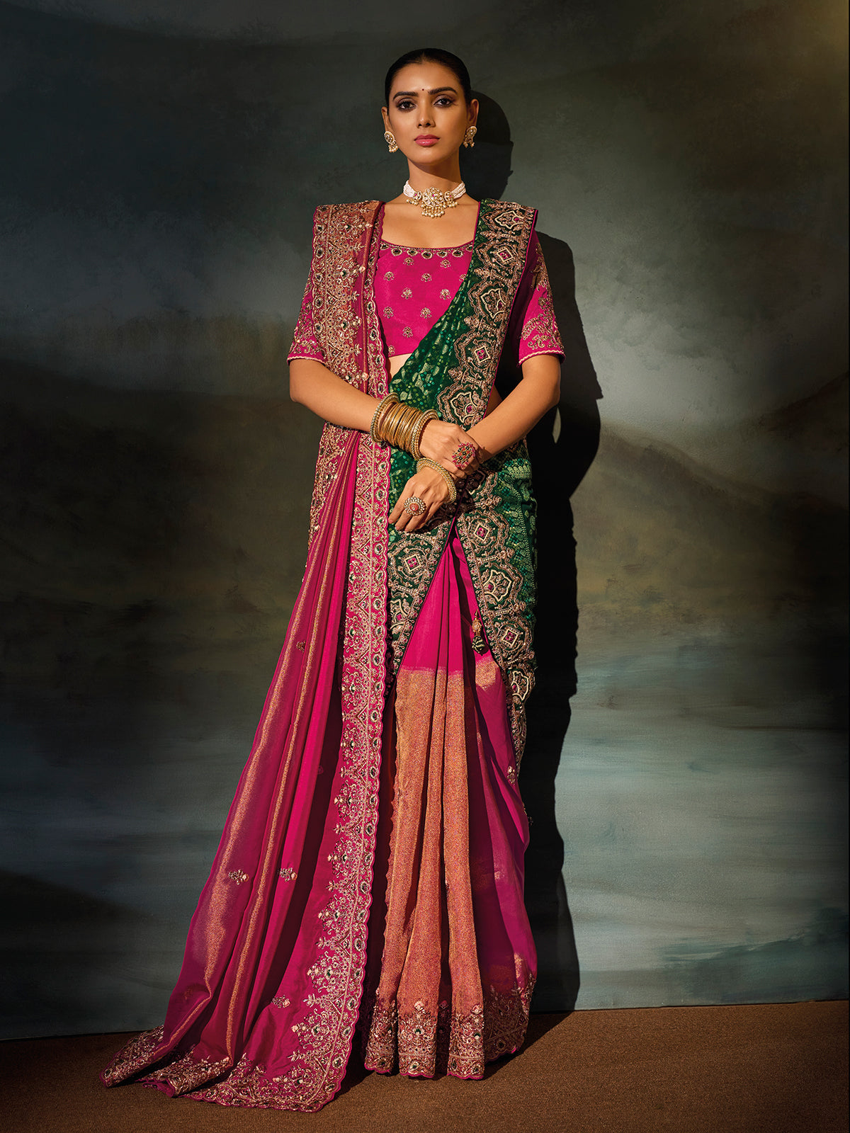 Rani pink kanjivaram silk women saree with dupatta