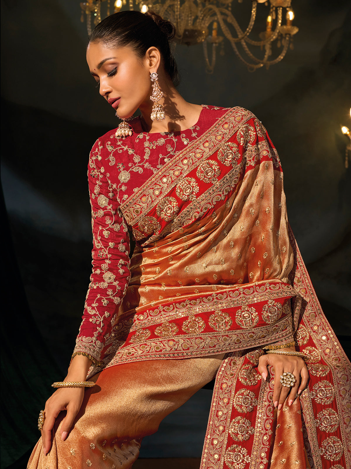 Golden silk women saree with maroon blouse