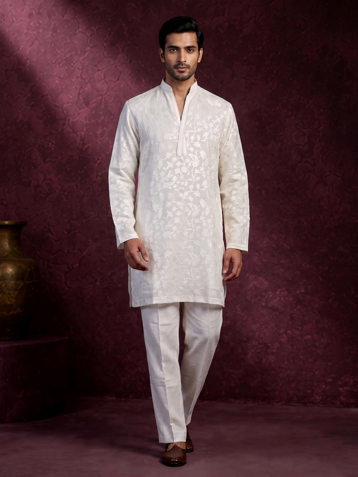 White premium linen chikankari kurta pajama