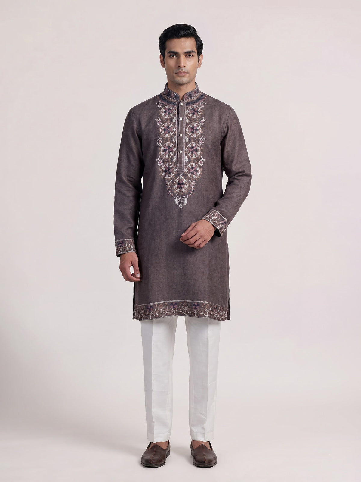 Dusty purple linen men embroidered kurta suit
