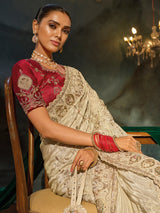 Cream kanjivaram women saree with red blouse