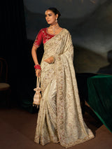 Cream kanjivaram women saree with red blouse