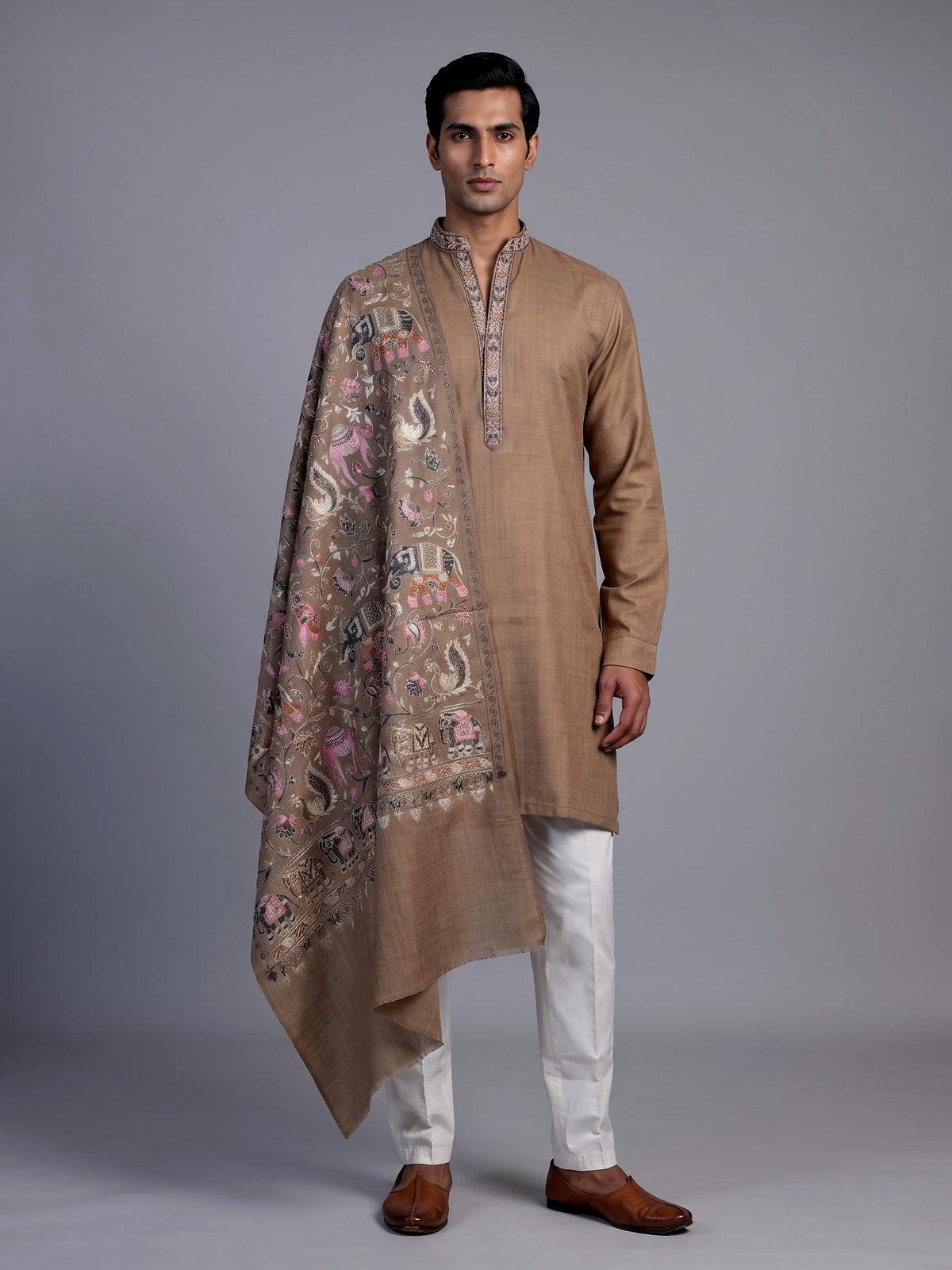 Light brown embroidered men kurta suit with dupatta