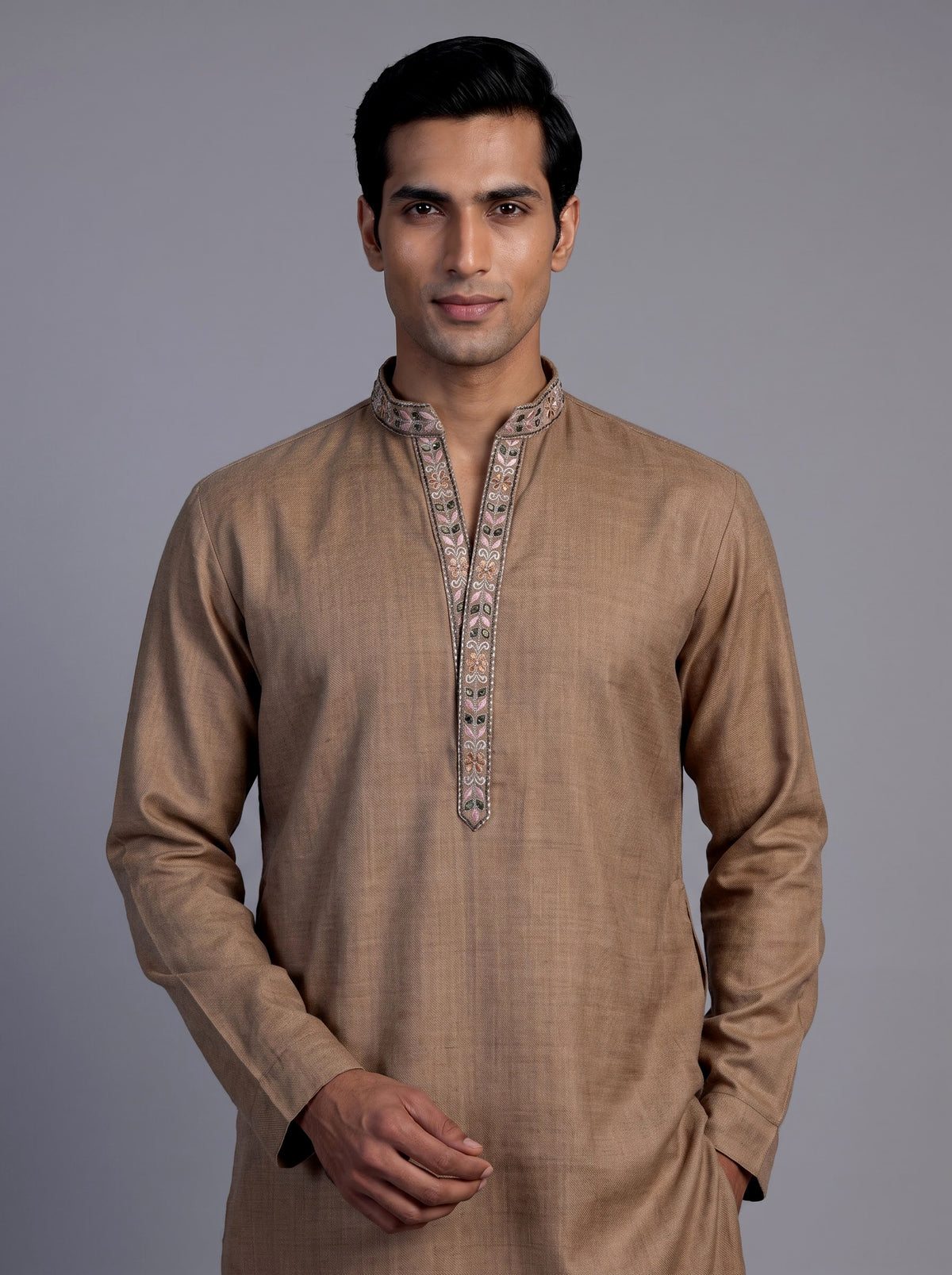 Light brown embroidered men kurta suit with dupatta