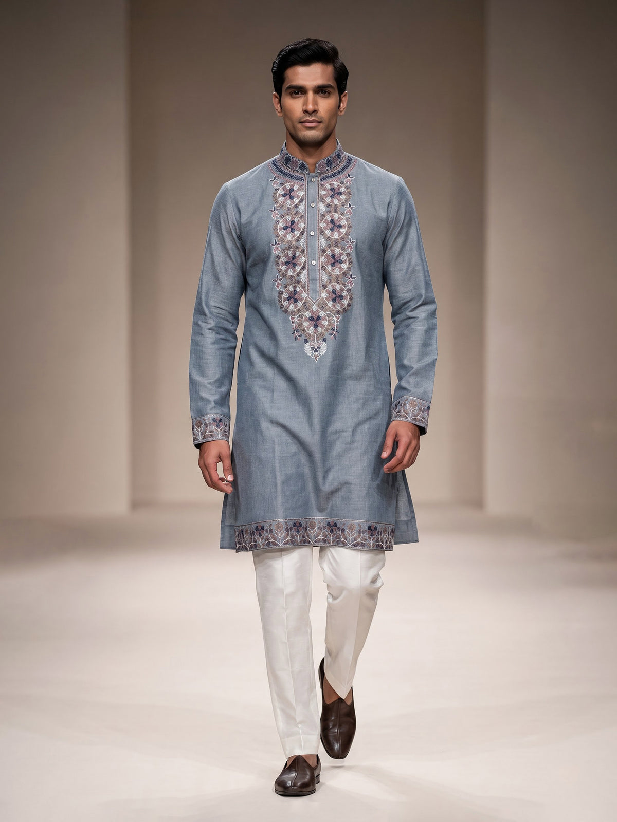 Grey linen men Kashmiri embroidered kurta suit