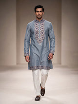 Grey linen men Kashmiri embroidered kurta suit