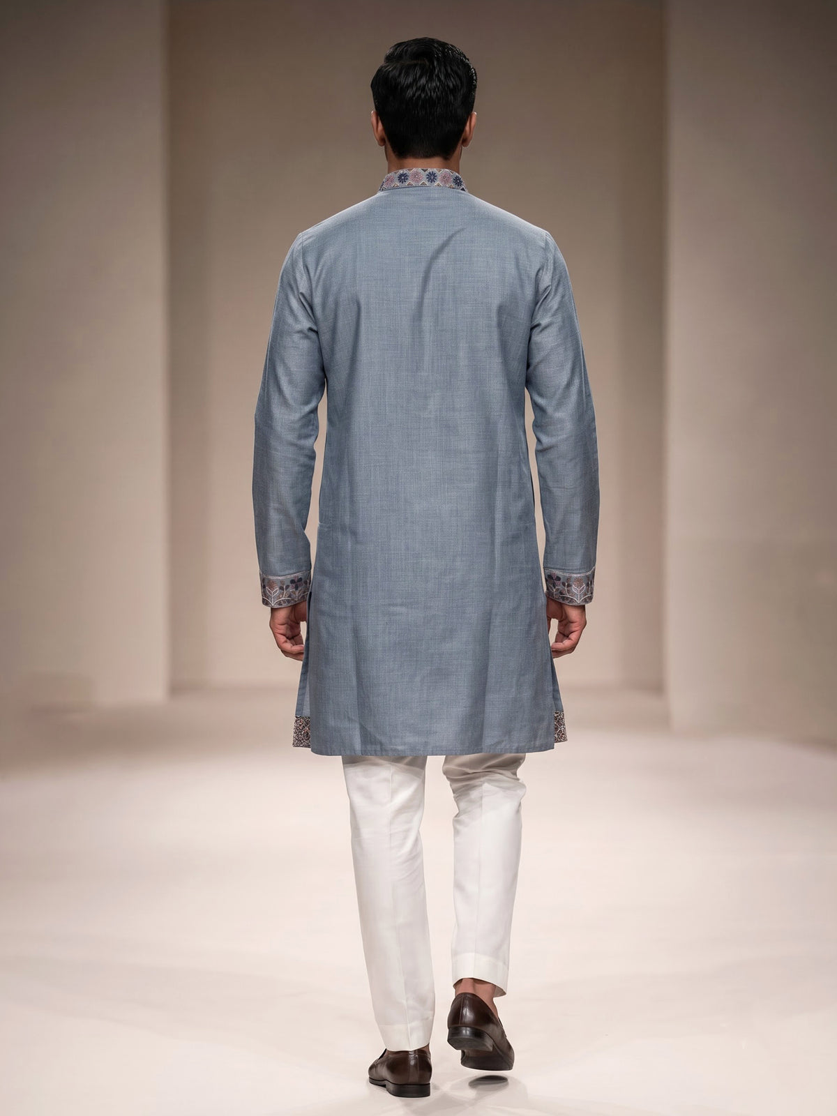 Grey linen men Kashmiri embroidered kurta suit