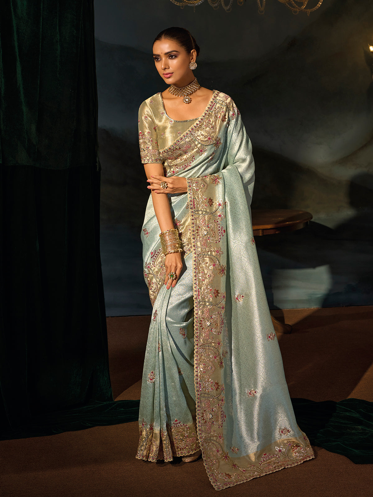 Mint blue madhurai silk women saree with mirror work
