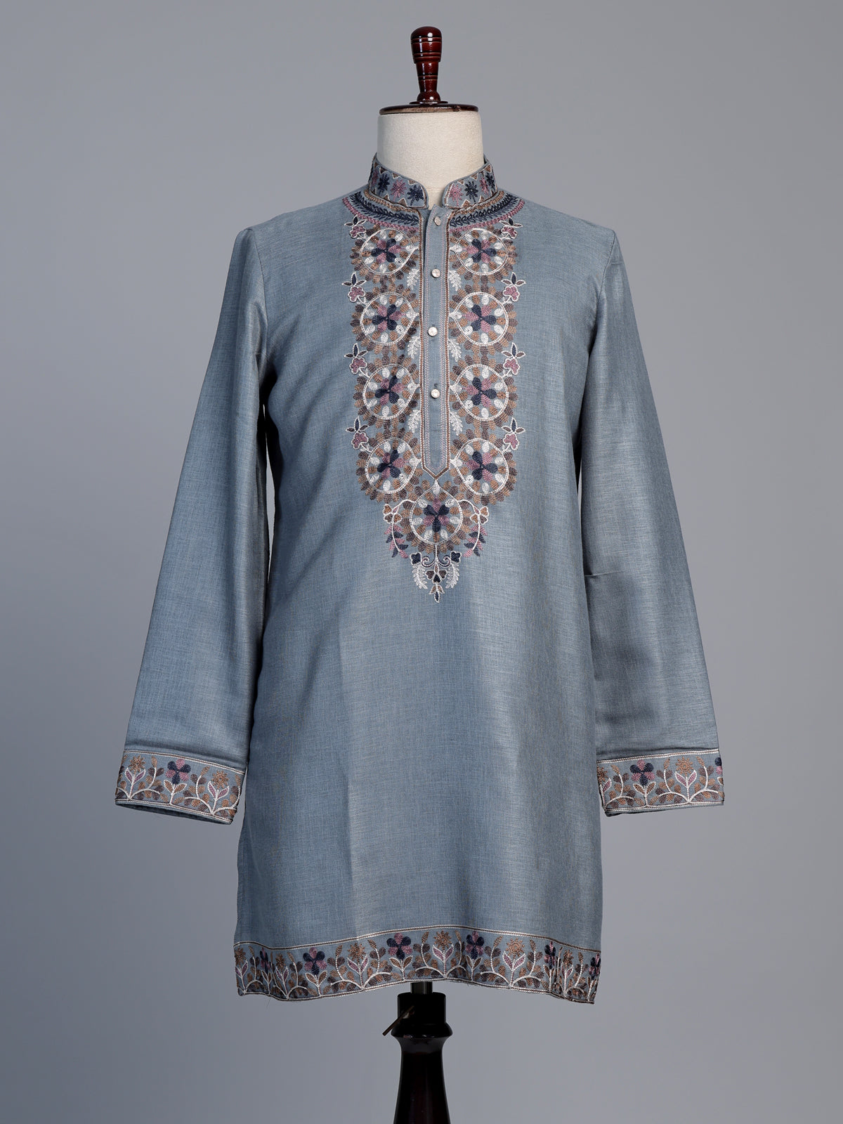 Grey linen men Kashmiri embroidered kurta suit