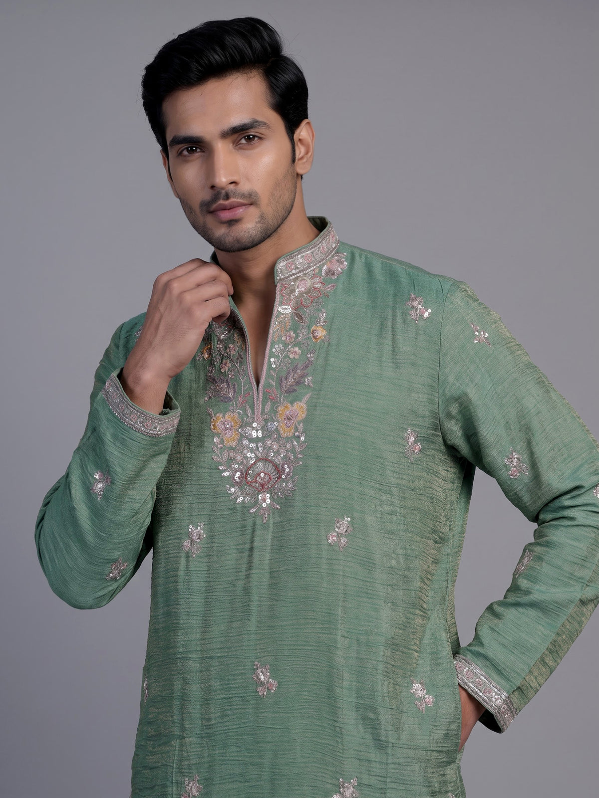 Pista green shimmer silk men kurta suit