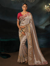 Silver gold tanchoi silk women saree with maroon blouse